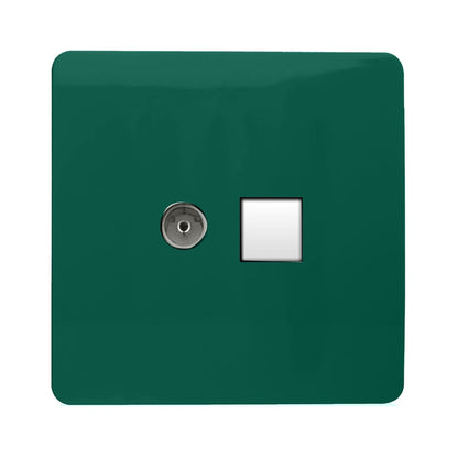 Trendi Artistic Modern Glossy Tactile TV Co-axial Socket + Telephone Socket Dark Green