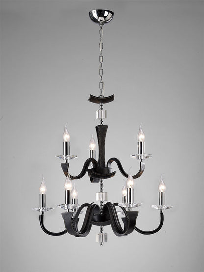 Diyas Nardini 65cm  2 Tier 9 Light E14 Polished Chrome/Black Faux Leather/Crystal Ceiling Pendant Light Fitting