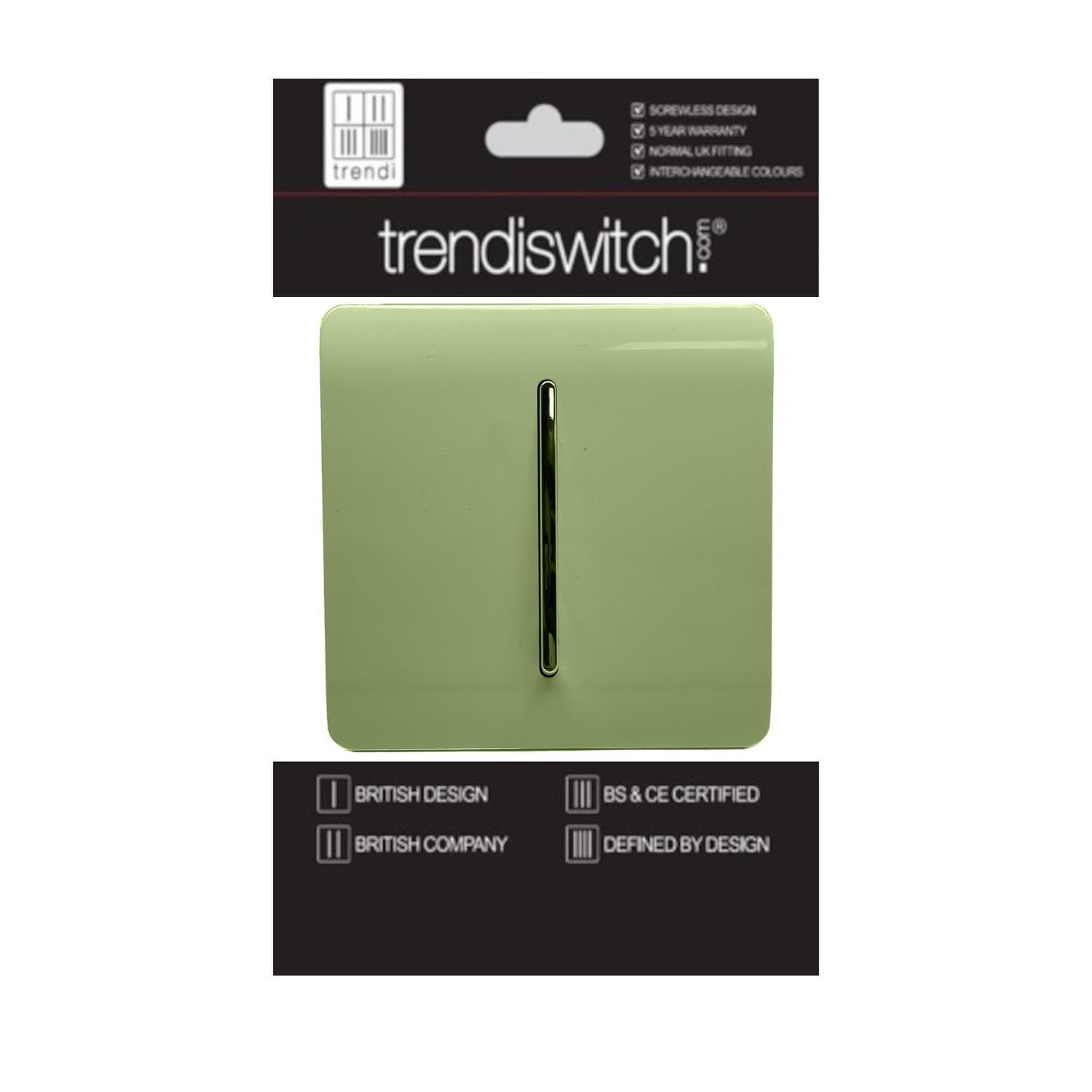 Trendi 1 Gang 2 Way 240V Screwless Artistic Modern Glossy 10 Amp Chrome Rocker Electrical Wall Light Switch in Moss Green (5 pack)