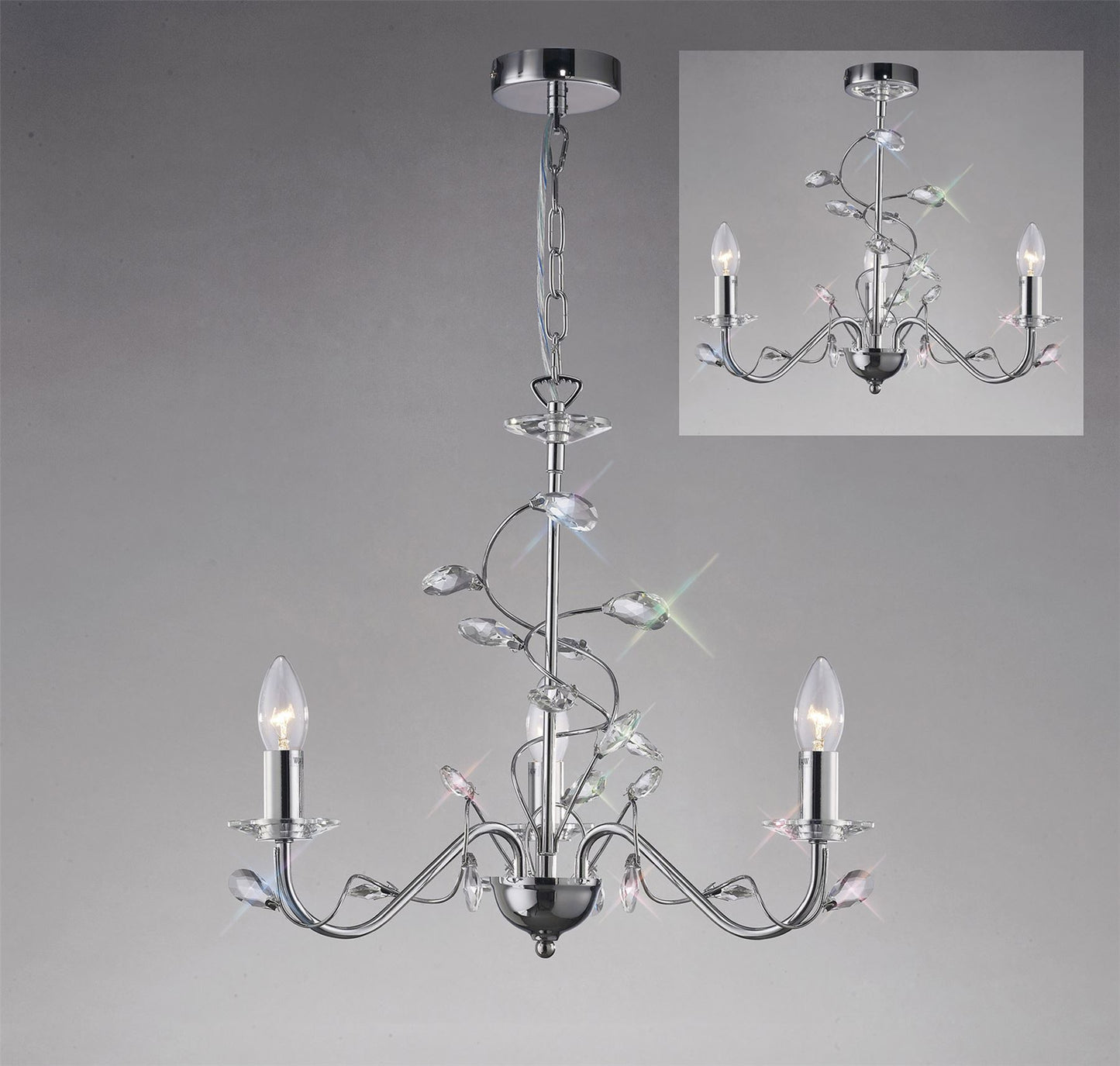 Diyas Willow 50cm  WITHOUT SHADE 3 Light E14 Polished Chrome/Crystal Ceiling Pendant Light Fitting