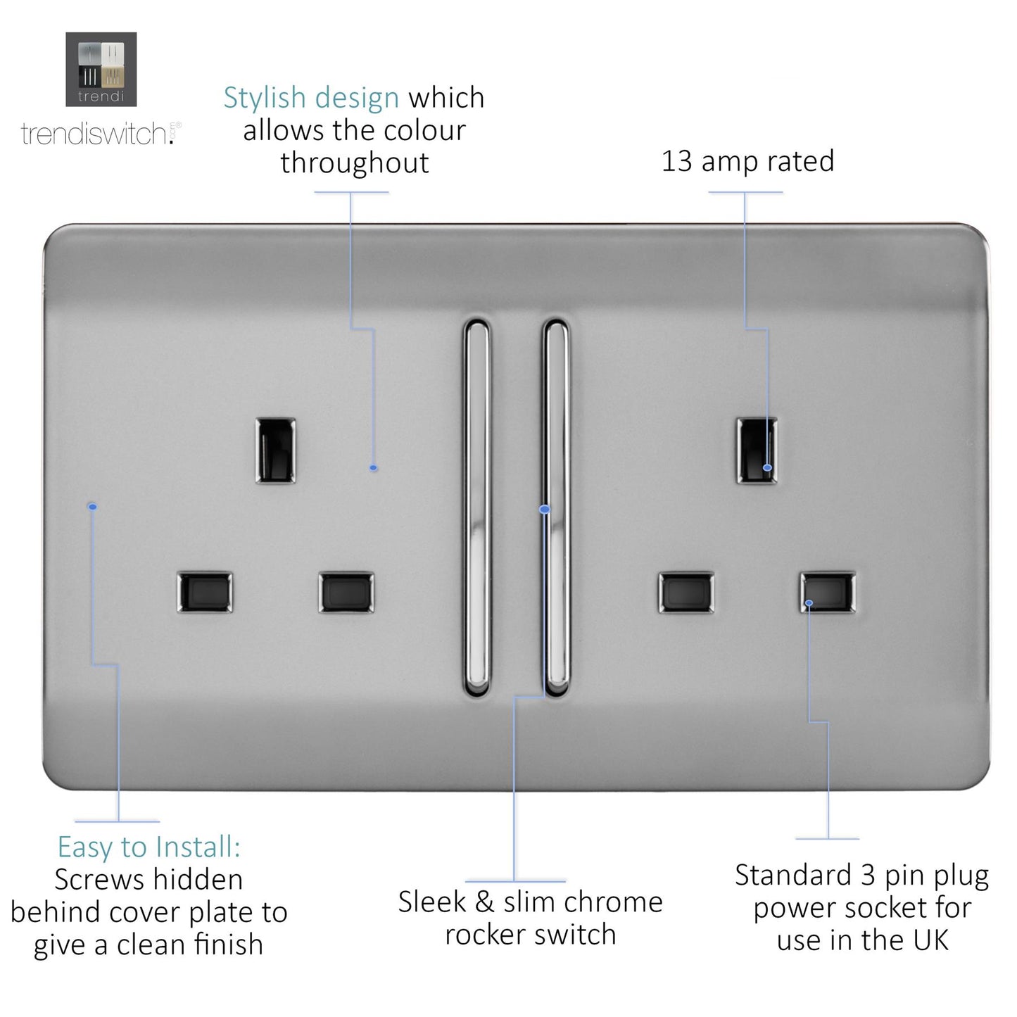Trendi 2 Gang Artistic Modern Glossy 13 Amp Long Switched Tactile Plug Socket Stainless Steel (7 Pack)