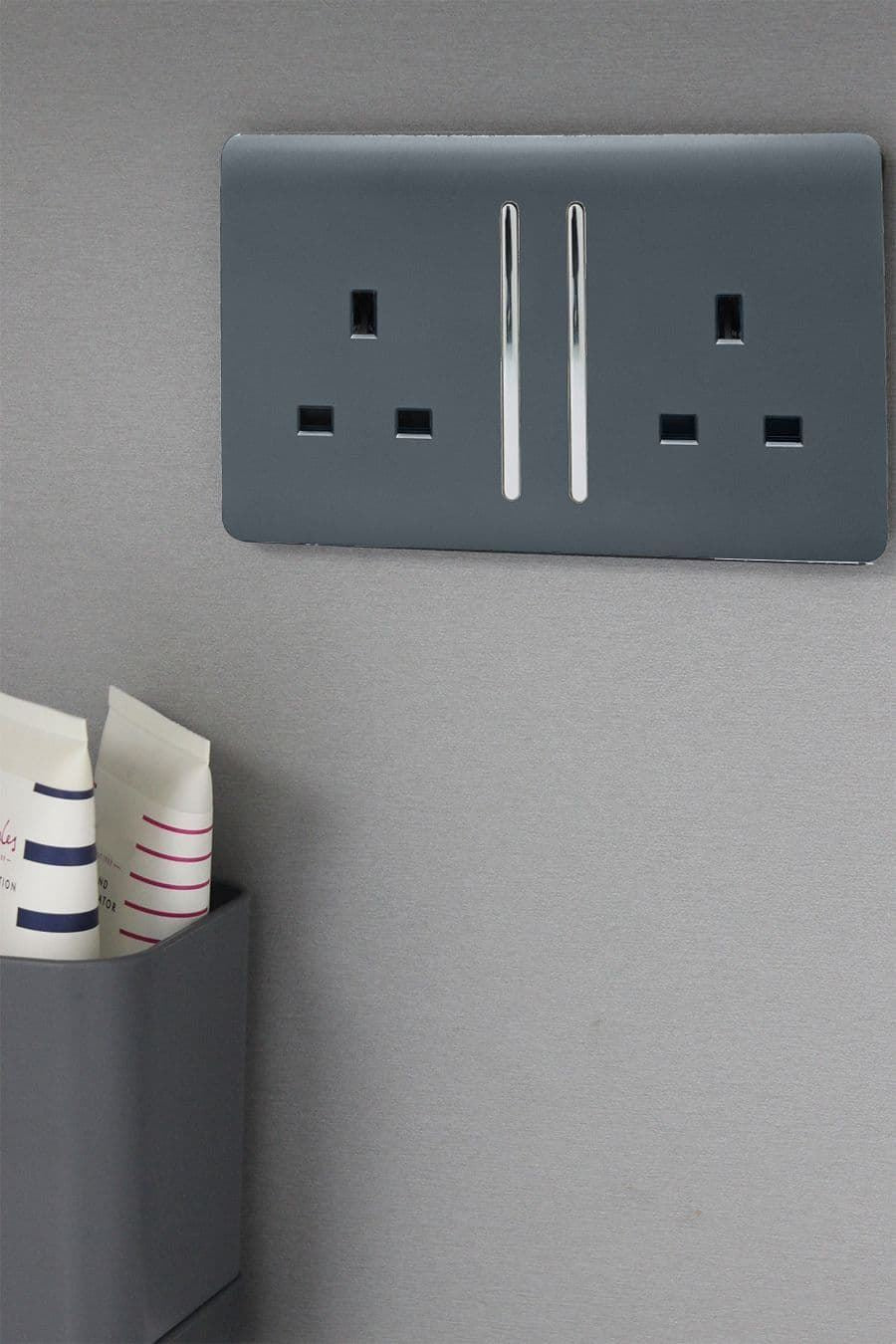 Trendi 2 Gang Raised Artistic Modern Glossy Screwless 13 Amp Single Pole with Chrome Switched UK Standard Electrical Double Wall Plug Socket in Warm Grey - ART-SKT213LWG
