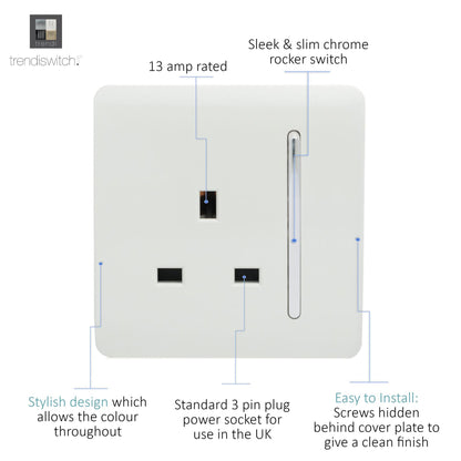 Trendi Switch 1 Gang 13 Amp Switched Plug Socket in Matt White - ART-SKT13MWH