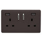 Dark Brown Screwless 2 Gang Switched Double Socket 13A With 2 x USB-C 24W (Shared), (35mm Back Box Req.), 10yrs Warranty