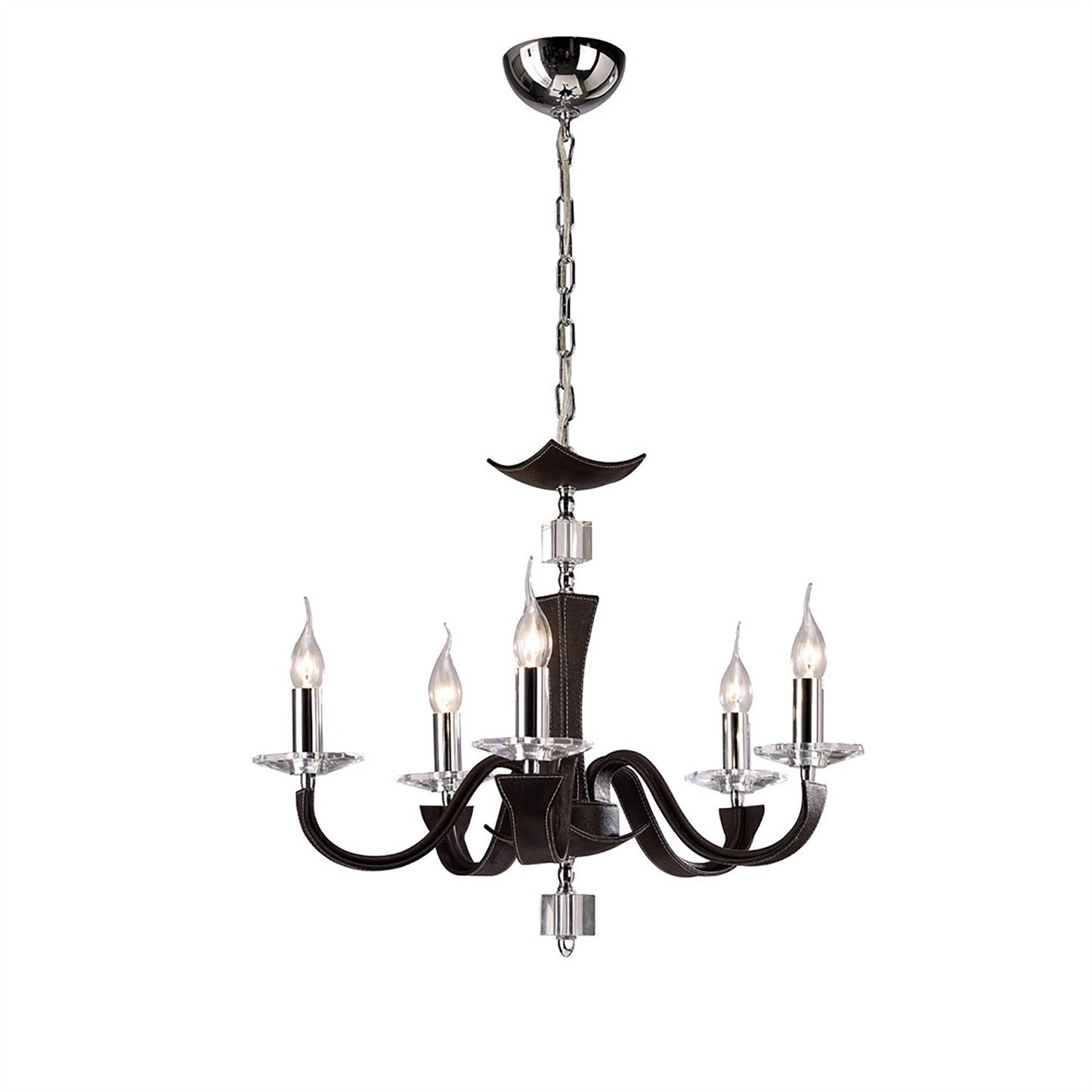 Diyas Nardini 60cm  5 Light E14 Polished Chrome/Dark Brown Faux Leather/Crystal Ceiling Pendant Light Fitting