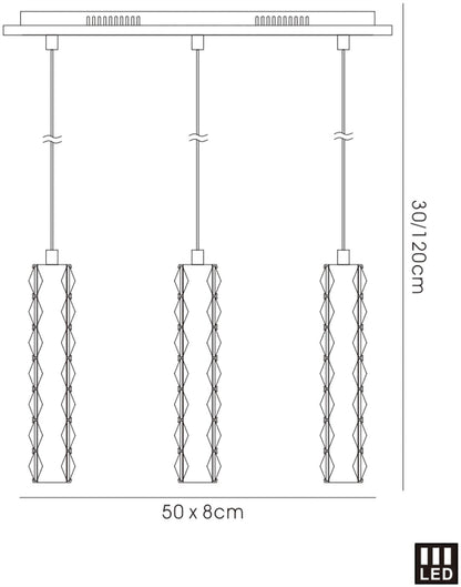 Diyas Galaxy Linear  3 Drop LED 4000K 3 X 3W Polished Chrome, Crystal Ceiling Pendant Light Fitting