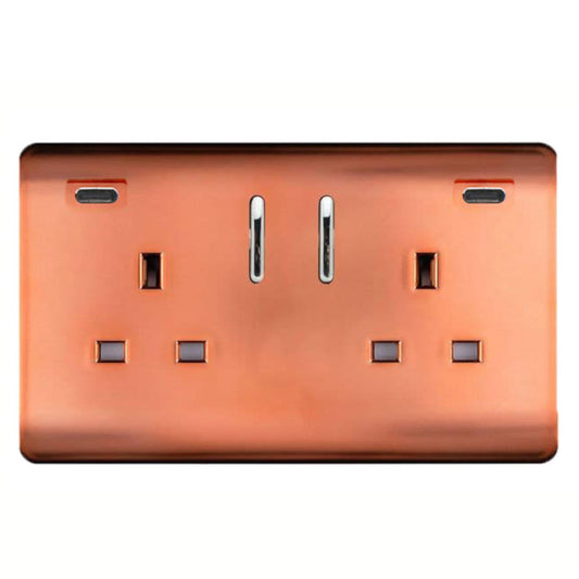 Copper Screwless 2 Gang Switched Double Socket 13A With 2 x USB-C 45W (Shared), (35mm Back Box Req.), 10yrs Warranty