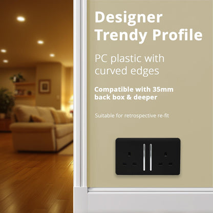 Trendi 2 Gang Artistic Modern Glossy 13 Amp Switched Plug Socket Matt Black (7 Pack)