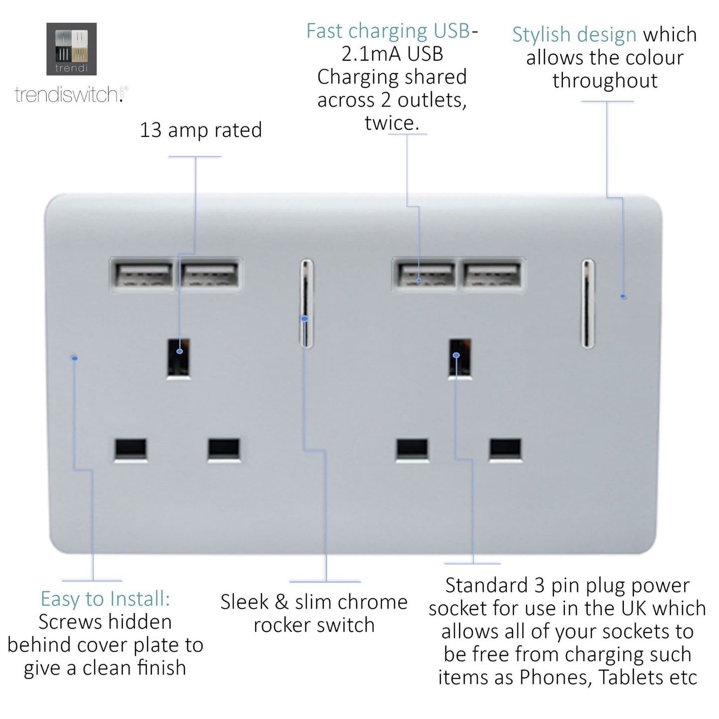 Trendi 2 Gang  13 Amp 4 x 2.1mA USB Switched Plug Socket Silver ART-SKT213USBSI