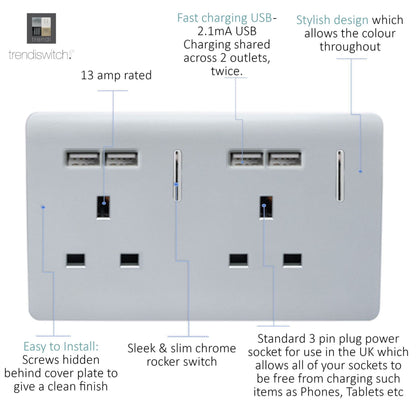 Trendi 2 Gang  13 Amp 4 x 2.1mA USB Switched Plug Socket Silver ART-SKT213USBSI