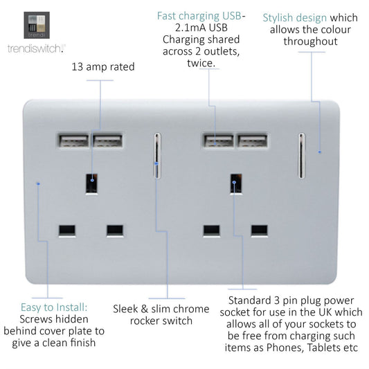 Trendi 2 Gang  13 Amp 4 x 2.1mA USB Switched Plug Socket Silver ART-SKT213USBSI