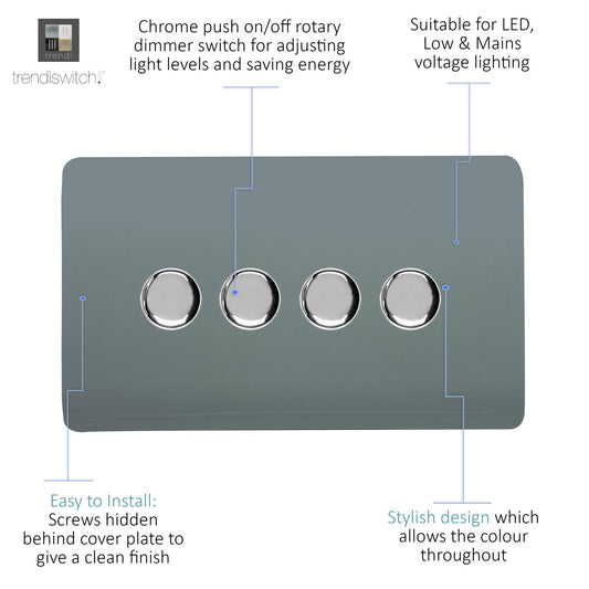 Trendi 4 Gang 2 Way 240V 100w LED Dimmer Screwless Raised Front Plate Plastic Artistic Modern Glossy 10 Amp Chrome Single Electrical Wall Light Switch in Cool Grey - ART-4LDMCG