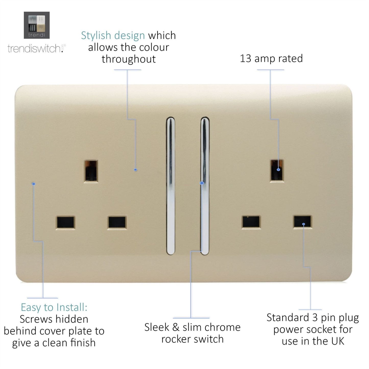Trendi 2 Gang Artistic Modern 13 Amp Switched Plug Socket Gold ART-SKT213LGO
