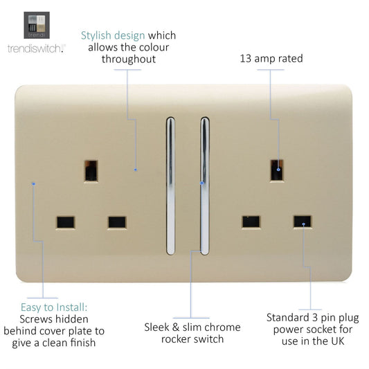 Trendi 2 Gang Artistic Modern 13 Amp Switched Plug Socket Gold ART-SKT213LGO