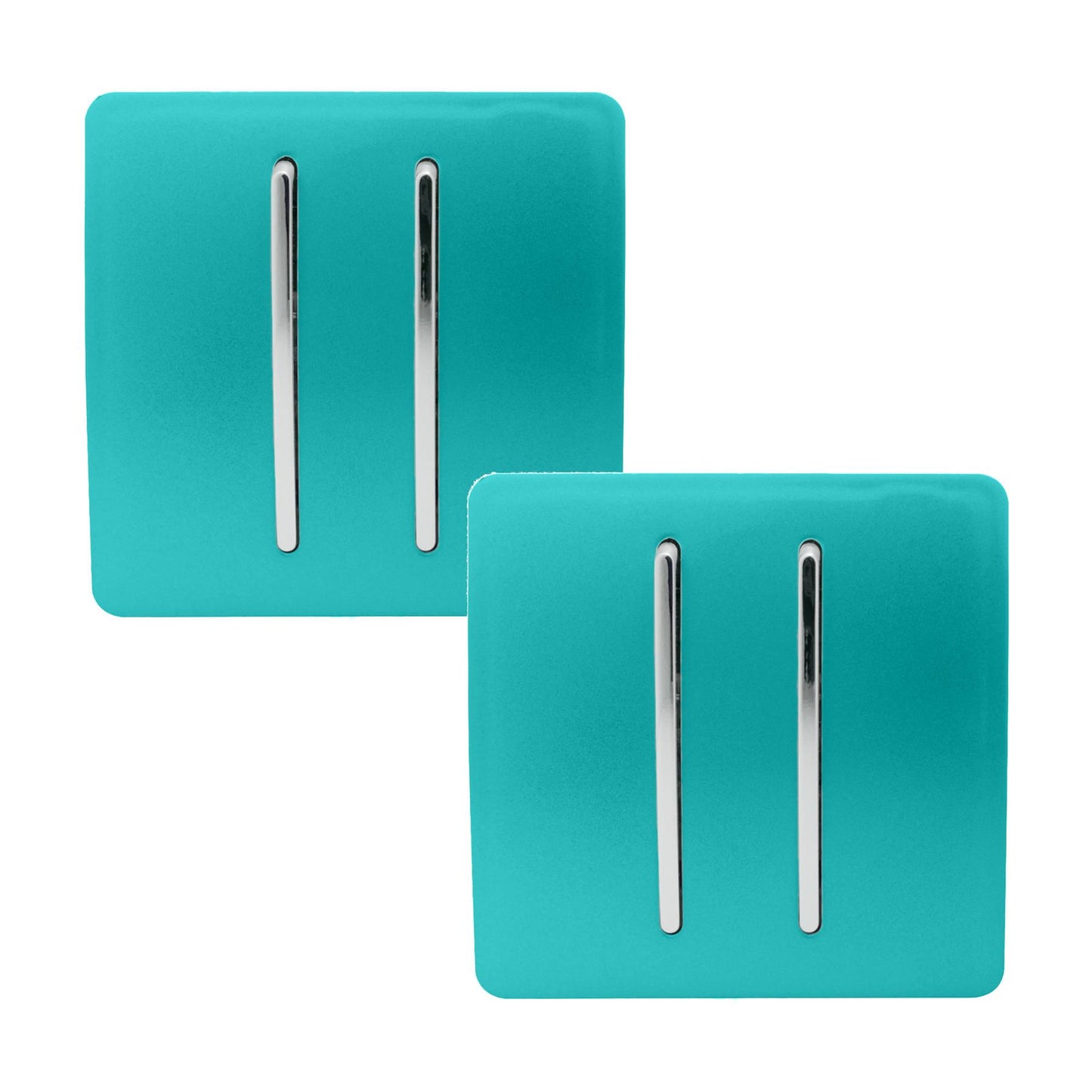 Trendi 2 Gang 2 Way 240V Screwless Artistic Modern Glossy 10 Amp Chrome Rocker Electrical Wall Light Switch in Bright Teal (2 pack)