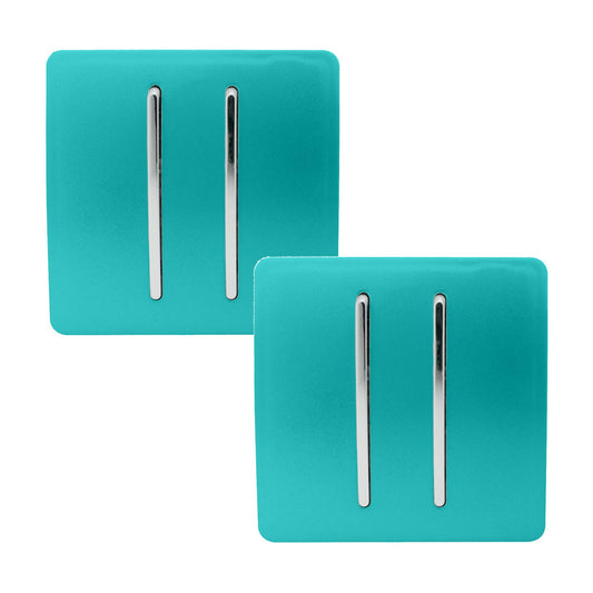 Trendi 2 Gang 2 Way 240V Screwless Artistic Modern Glossy 10 Amp Chrome Rocker Electrical Wall Light Switch in Bright Teal (2 pack)