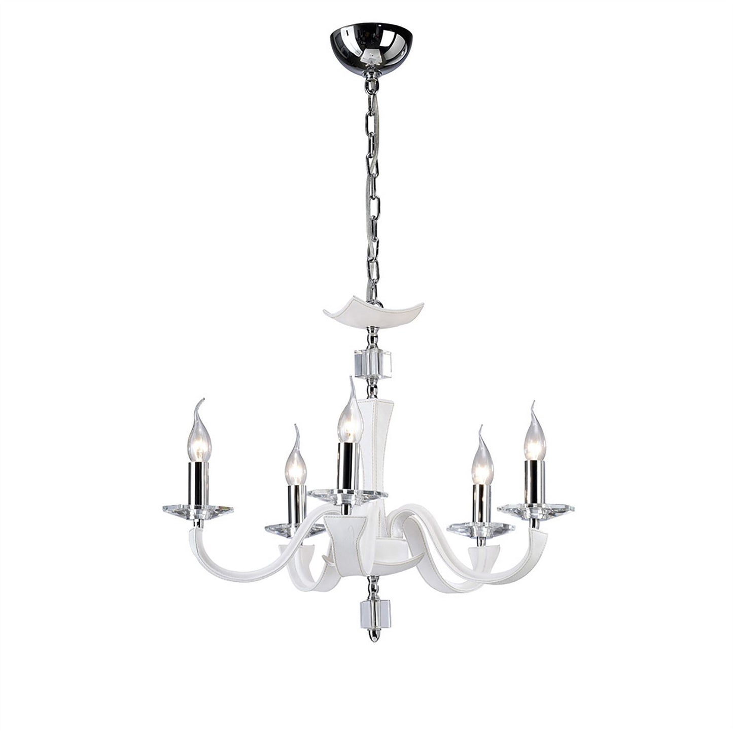 Diyas Nardini 60cm  5 Light E14 Polished Chrome/White Faux Leather/Crystal Ceiling Pendant Light Fitting