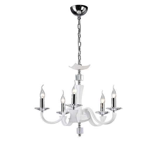 Diyas Nardini 60cm  5 Light E14 Polished Chrome/White Faux Leather/Crystal Ceiling Pendant Light Fitting