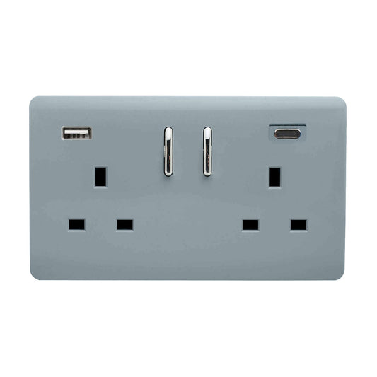 Cool Grey Screwless 2 Gang Switched Double Socket 13A With 1 x USB-A & 1 x USB-C 65W (Shared), (35mm Back Box Req.), 10yrs Warranty