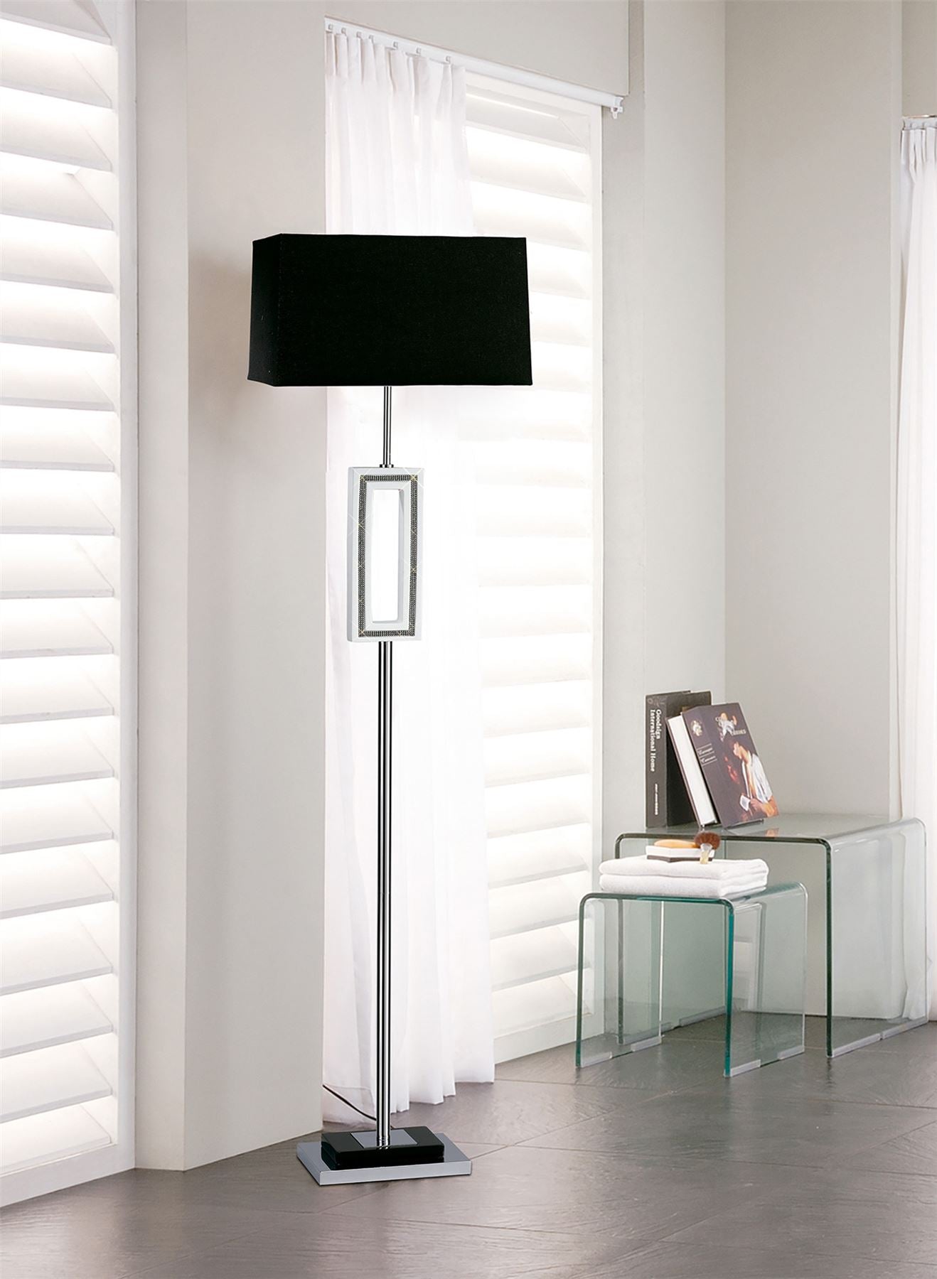 Diyas Home (DH) Linea Floor Lamp 1 Light E27 with Black Shade Polished Chrome/Black/Crystal