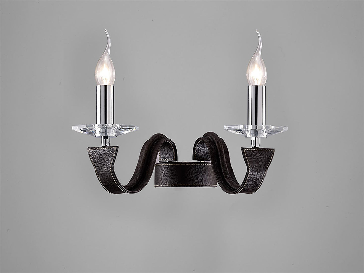 Diyas Nardini Wall Light 2 Light E14 Polished Chrome/Dark Brown Faux Leather/Crystal
