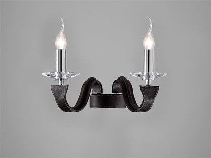 Diyas Nardini Wall Light 2 Light E14 Polished Chrome/Dark Brown Faux Leather/Crystal