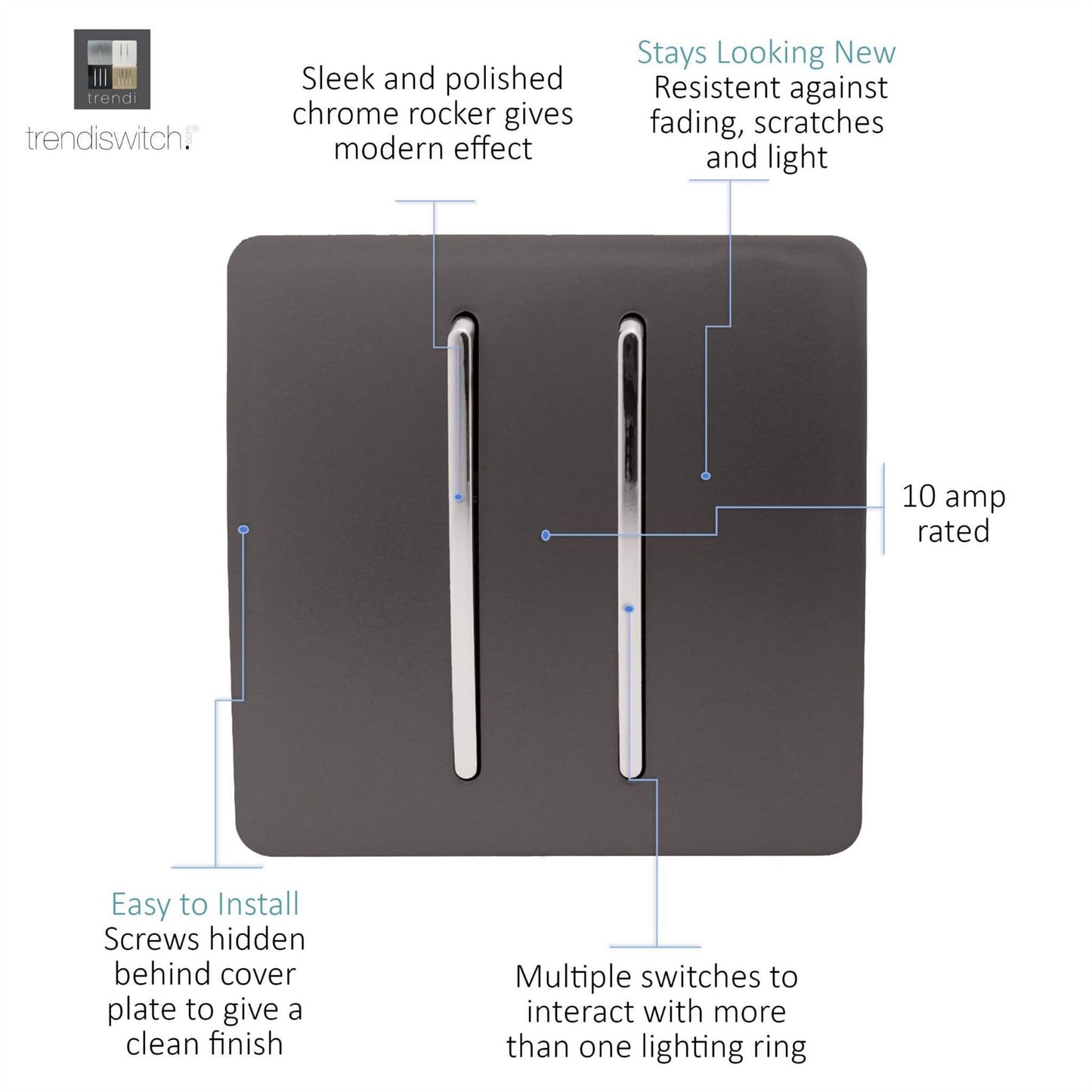 Trendi 2 Gang 2 Way Artistic Modern Glossy 10 Amp Rocker Tactile Light Switch Dark Brown