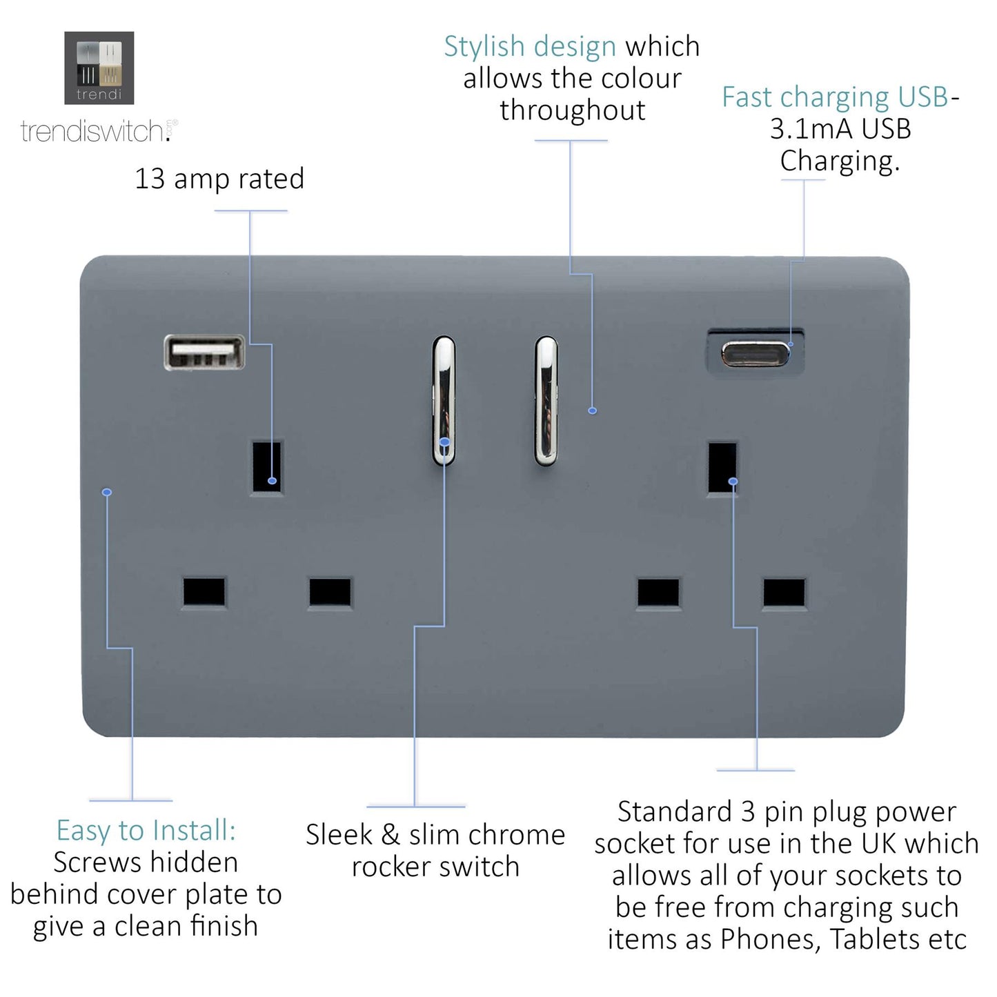 Trendi 2 Gang Artistic Modern Glossy 13 Amp 2 x Type A & C 3100mA USB Switched Plug Socket Warm Grey