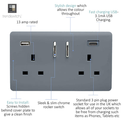 Trendi 2 Gang Artistic Modern Glossy 13 Amp 2 x Type A & C 3100mA USB Switched Plug Socket Warm Grey