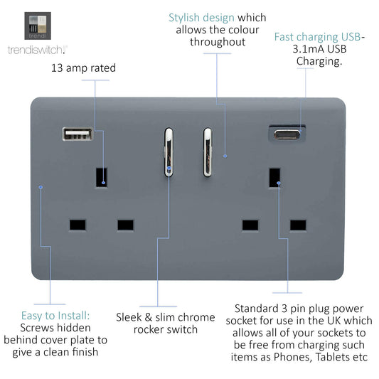 Trendi 2 Gang Artistic Modern Glossy 13 Amp 2 x Type A & C 3100mA USB Switched Plug Socket Warm Grey