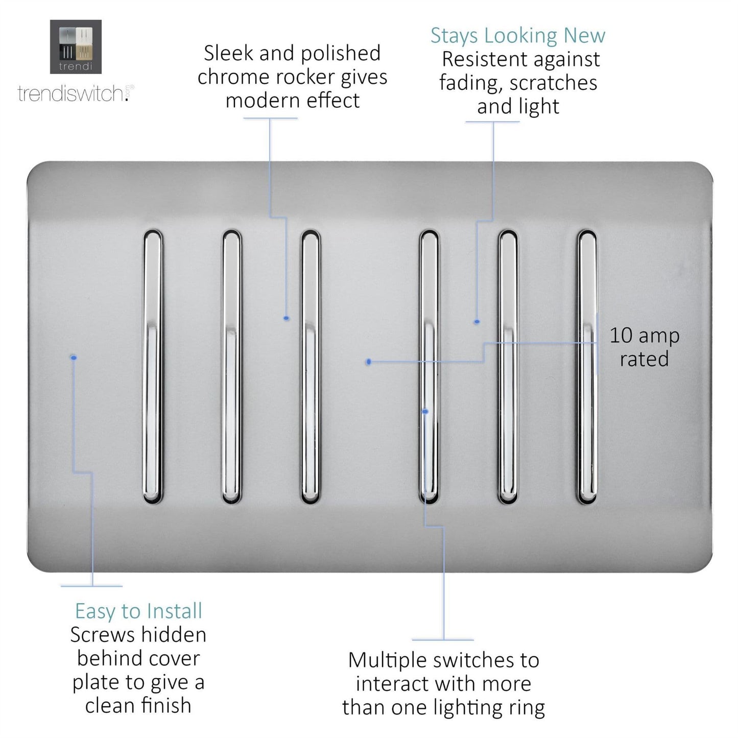 Trendi Artistic Modern Glossy 6 Gang 2 Way Rocker Double Plate Light Switch in Stainless Steel