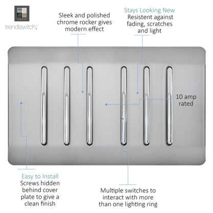 Trendi Artistic Modern Glossy 6 Gang 2 Way Rocker Double Plate Light Switch in Stainless Steel