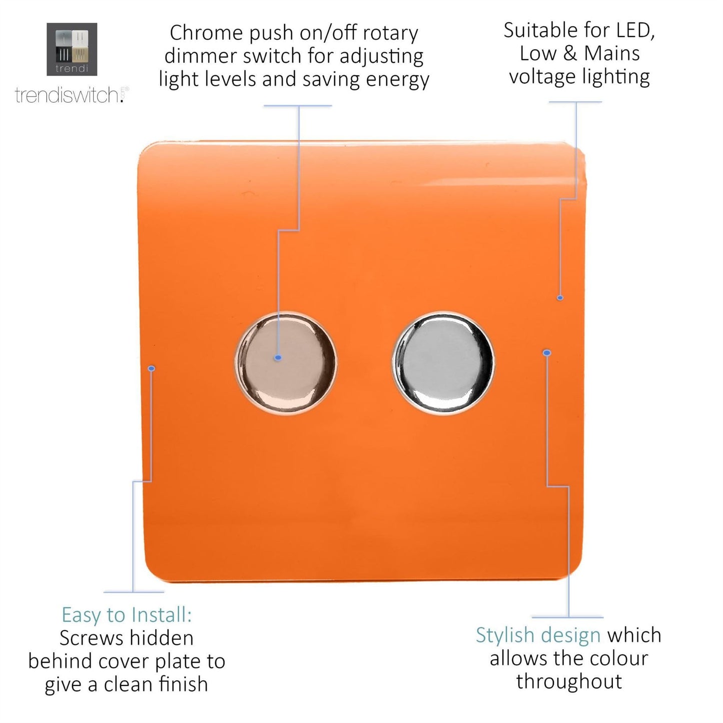 Trendi 2 Gang 2 Way 240V 100w LED Dimmer Screwless Raised Front Plate Plastic Artistic Modern Glossy 10 Amp Chrome Single Electrical Wall Light Switch in Sunset Orange - ART-2LDMOR