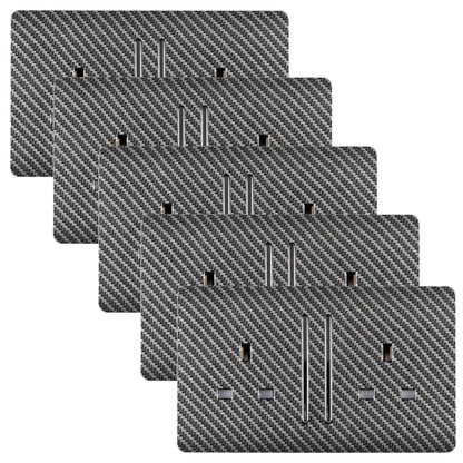 Trendi 2 Gang Artistic Modern Glossy 13 Amp Long Switched Tactile Plug Socket Carbon Fibre (5 Pack)