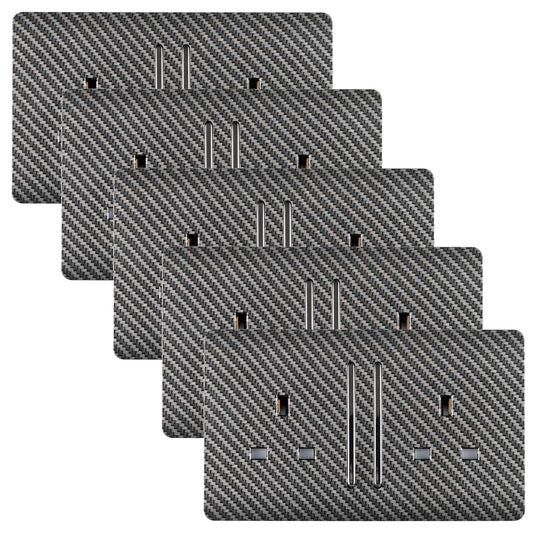 Trendi 2 Gang Artistic Modern Glossy 13 Amp Long Switched Tactile Plug Socket Carbon Fibre (5 Pack)
