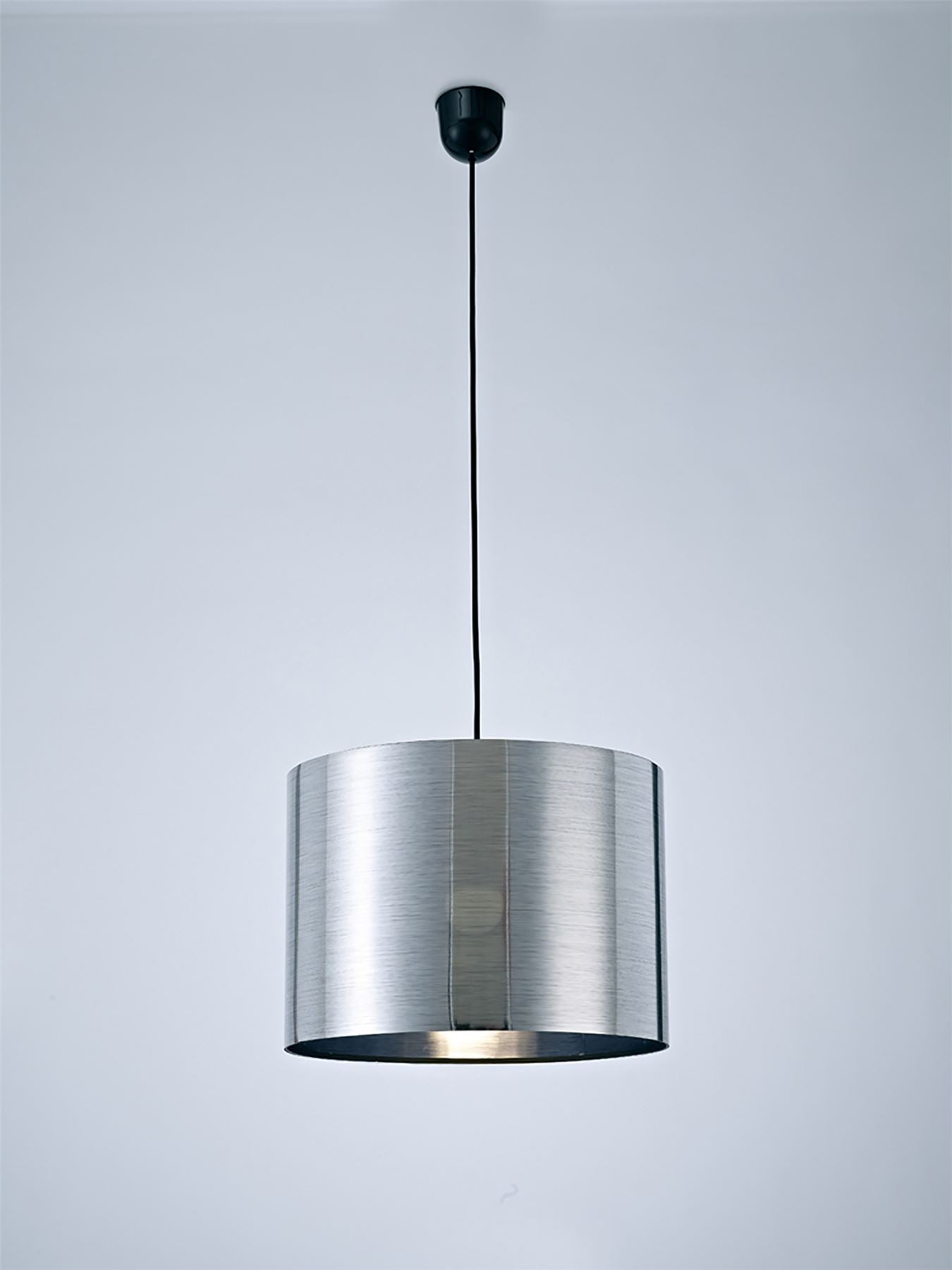 Deco Dako Black Pendant 1 Light E27 with 350 x 250mm Metallic Chrome Finish Cylinder Shade, c/w Ceiling Bracket