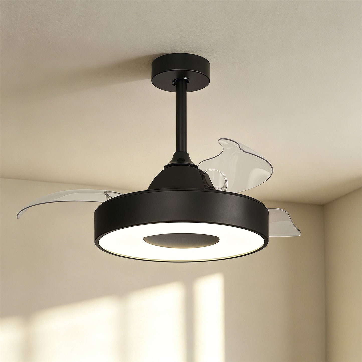Coin Mini 45W LED Dimmable Ceiling Light With Built-In 25W DC Reversible Fan, Remote & APP Control, Black, 2500lm, 5yrs Warranty