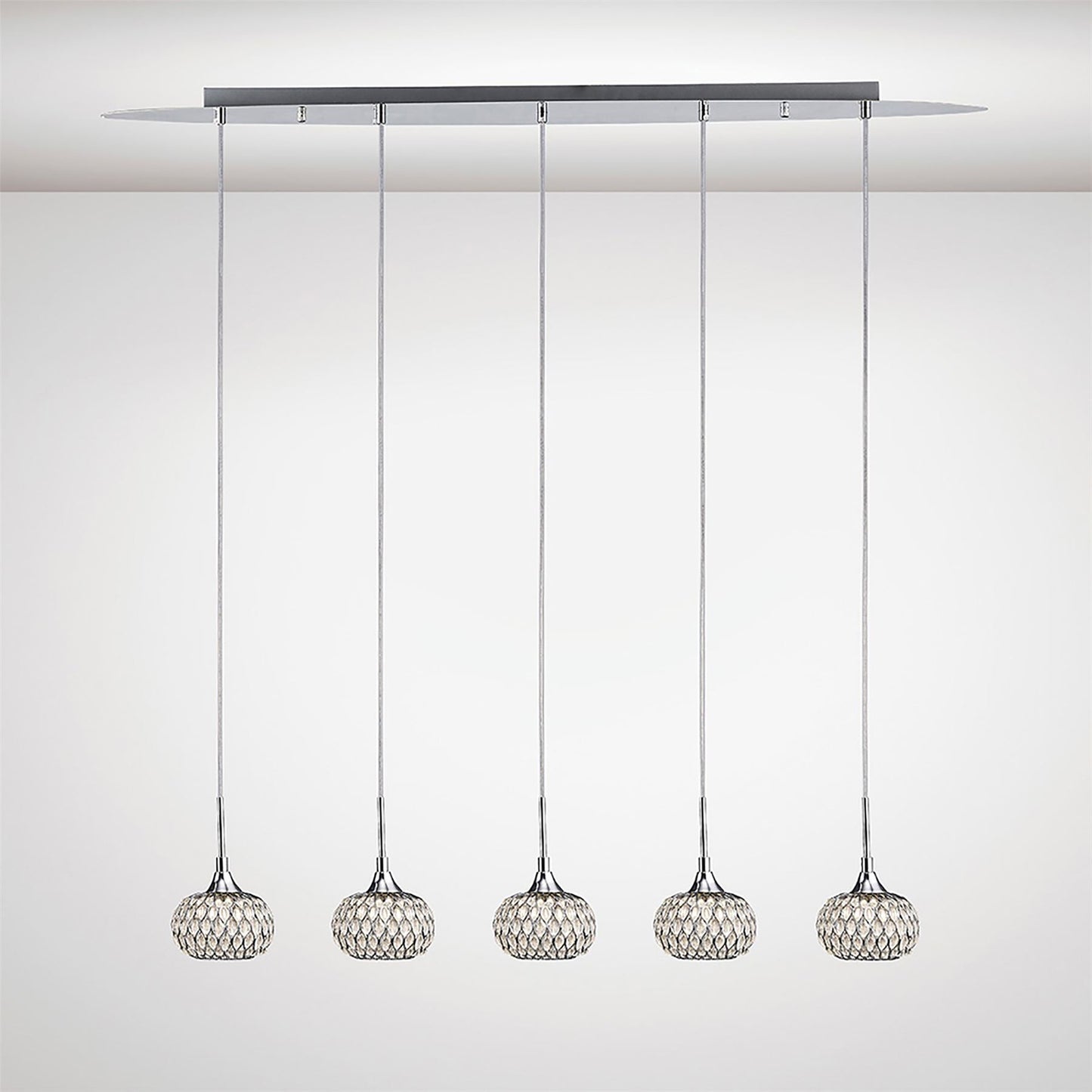 Diyas Chelsie Linear  5 Light G9 Line Polished Chrome/Clear Beaded Glass Ceiling Pendant Light Fitting
