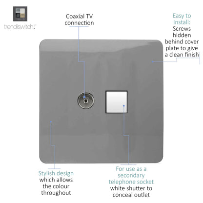 Trendi Artistic Modern Glossy Tactile TV Co-axial Socket + Telephone Socket Light Grey