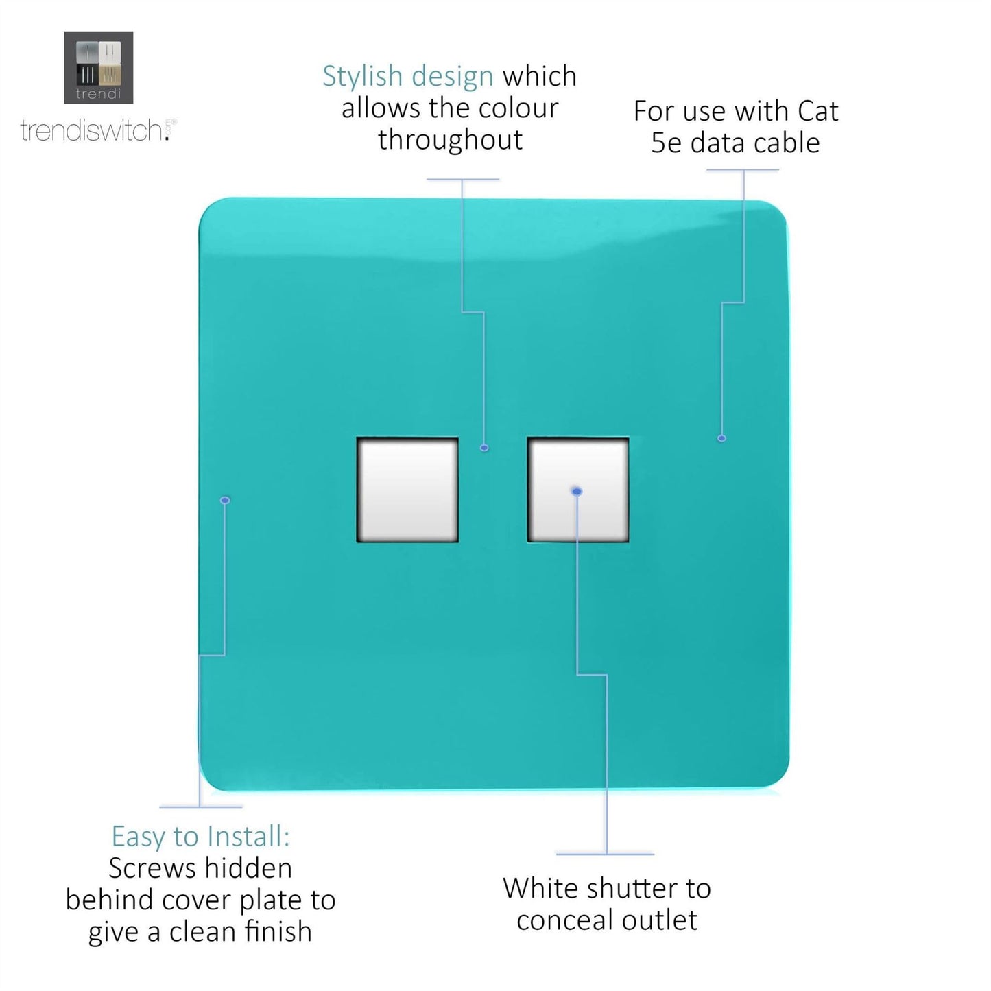 Trendi Artistic Modern Glossy 2 Gang Tactile RJ45 Cat 5e&Cat 6 PC Ethernet Socket Bright Teal