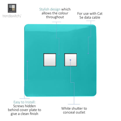 Trendi Artistic Modern Glossy 2 Gang Tactile RJ45 Cat 5e&Cat 6 PC Ethernet Socket Bright Teal