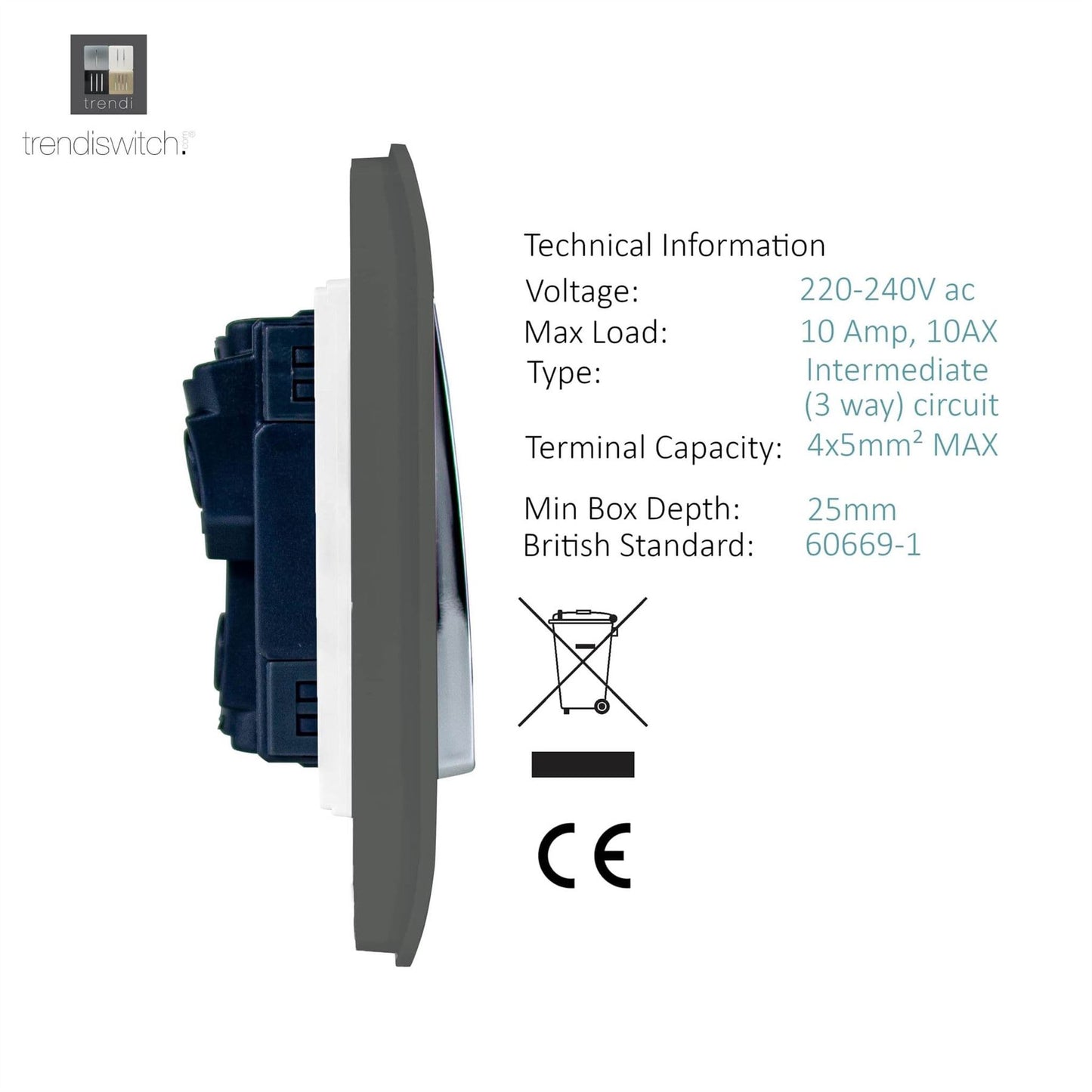 Trendi 2 Gang (2 Way & 3 way Intermediate) 240V Screwless Raised Front Plate Plastic Artistic Modern Glossy 10 Amp Chrome Rocker Double Electrical Wall Light Switch Charcoal Grey - ART-SS29CH