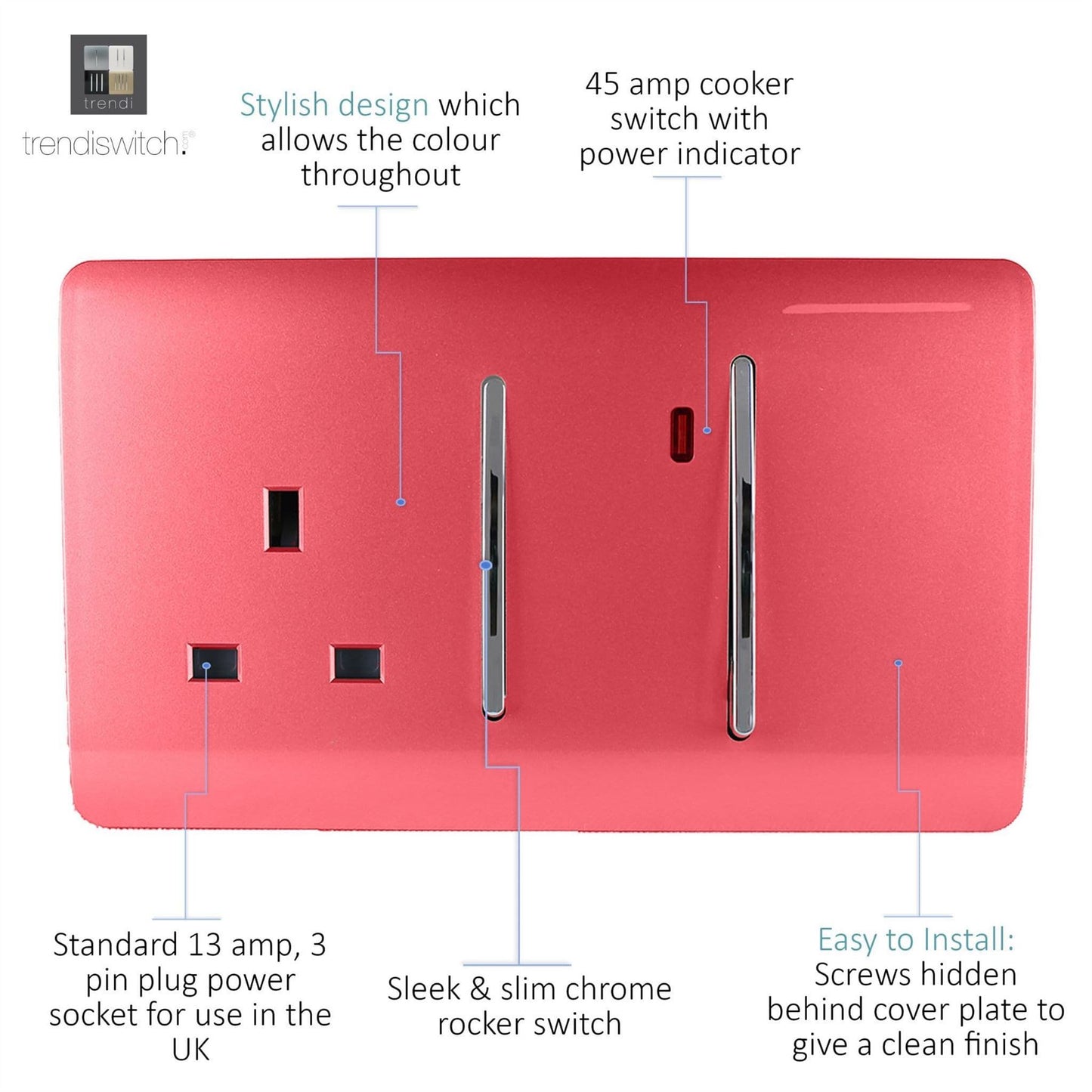 Trendi Artistic Modern Glossy 45 A Cooker Switch & Plug Socket Inc Neon Insert Strawberry