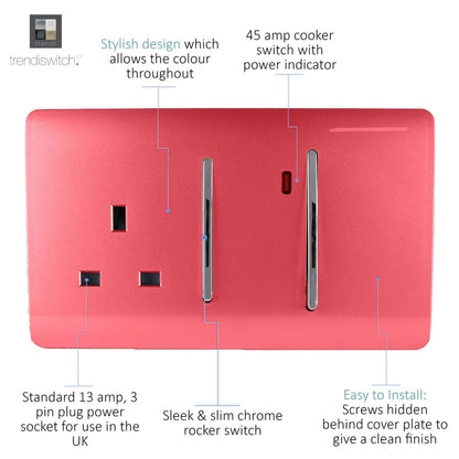 Trendi Artistic Modern Glossy 45 A Cooker Switch & Plug Socket Inc Neon Insert Strawberry