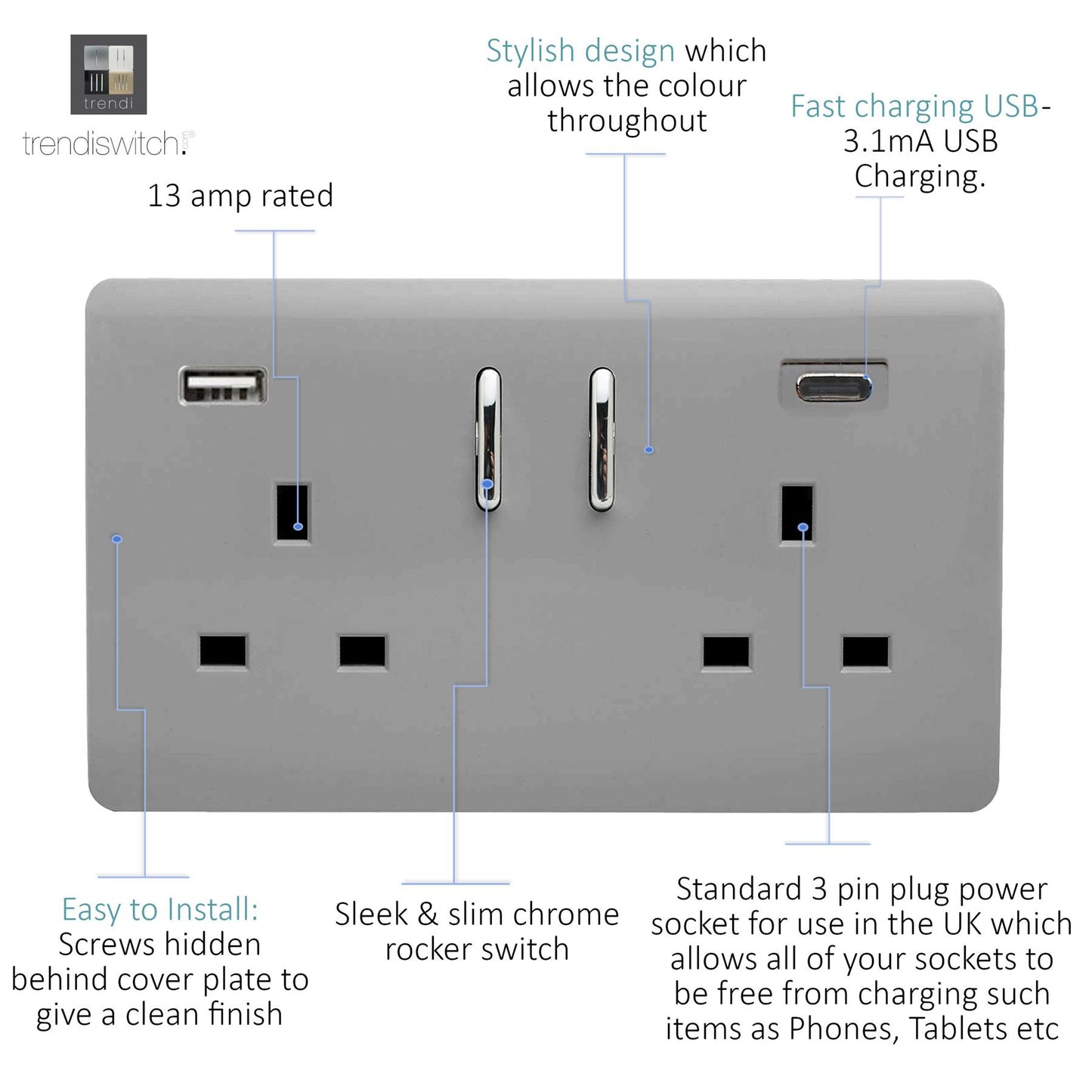 Trendi 2 Gang Artistic Modern Glossy 13 Amp 2 x Type A & C 3100 mA USB Switched Plug Socket Light Grey