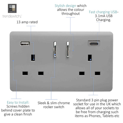 Trendi 2 Gang Artistic Modern Glossy 13 Amp 2 x Type A & C 3100 mA USB Switched Plug Socket Light Grey