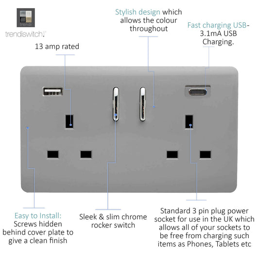 Trendi 2 Gang Artistic Modern Glossy 13 Amp 2 x Type A & C 3100 mA USB Switched Plug Socket Light Grey