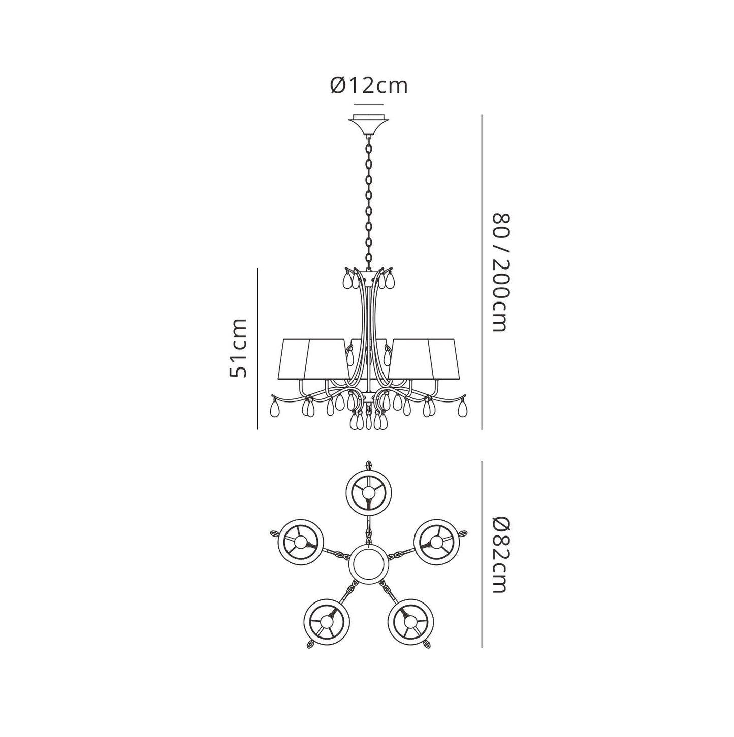 Mantra M6314 Andrea Pendant 81.5cm Round, 5 x E14 (Max 20W), Polished Chrome, White Shades, Black Crystal Droplets