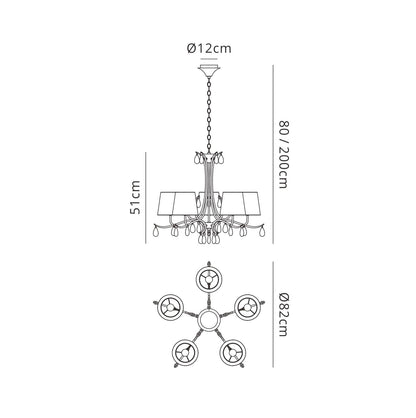 Mantra M6314 Andrea Pendant 81.5cm Round, 5 x E14 (Max 20W), Polished Chrome, White Shades, Black Crystal Droplets