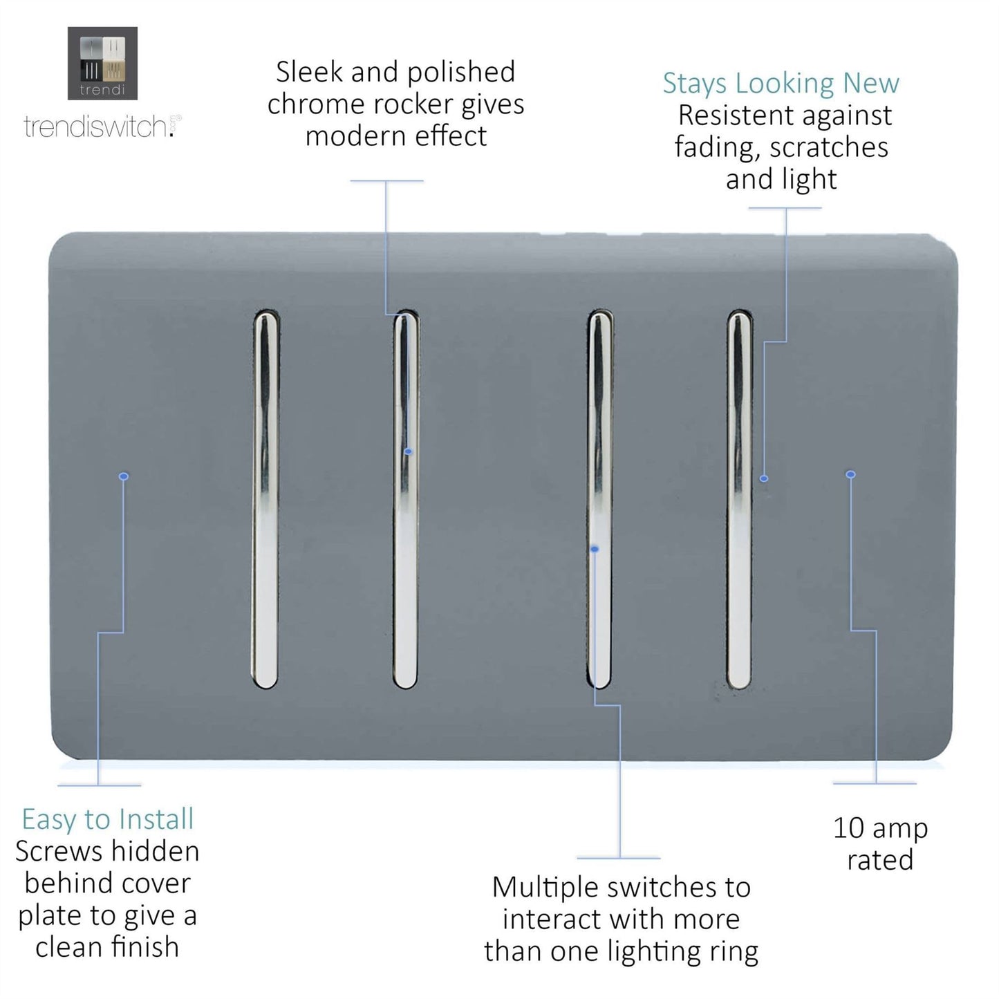 Trendi Artistic Modern Glossy 4 Gang 2 Way  Rocker Double Plate Tactile Light Switch Warm Grey